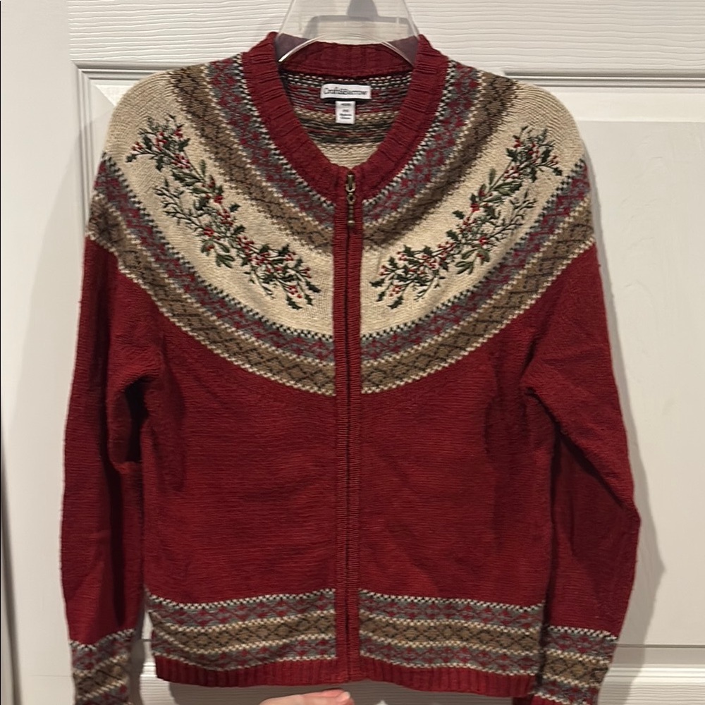 croft & barrow Barn Red Zip-Front Cardigan with Cream decorative Yoke